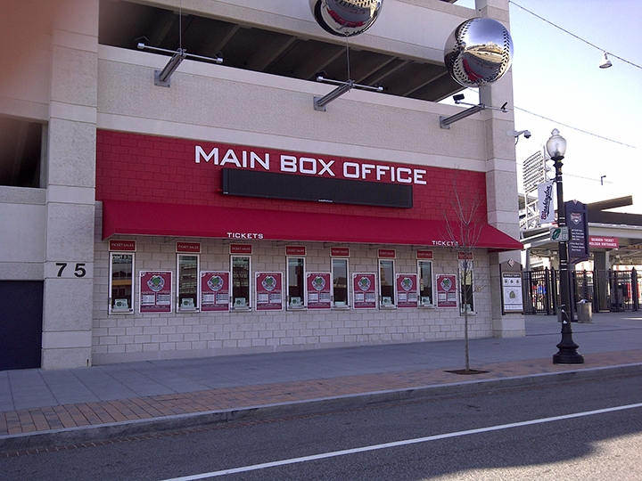 main box office red canopy with ticket purchase windows
